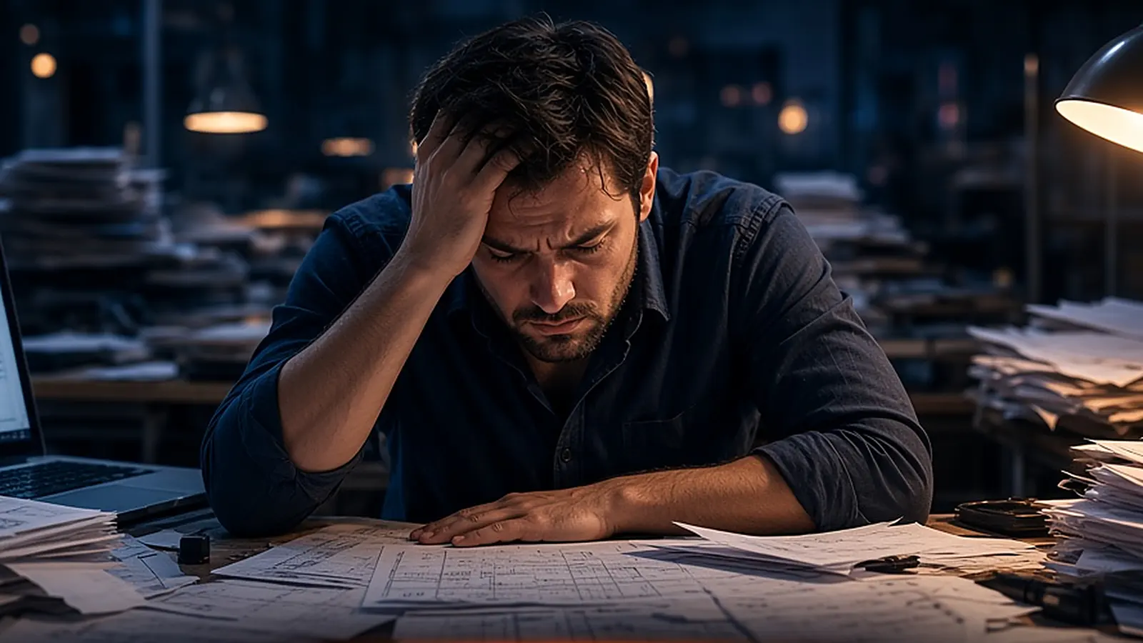 A small-business owner at a desk late at night, with papers piled around a glowing laptop.