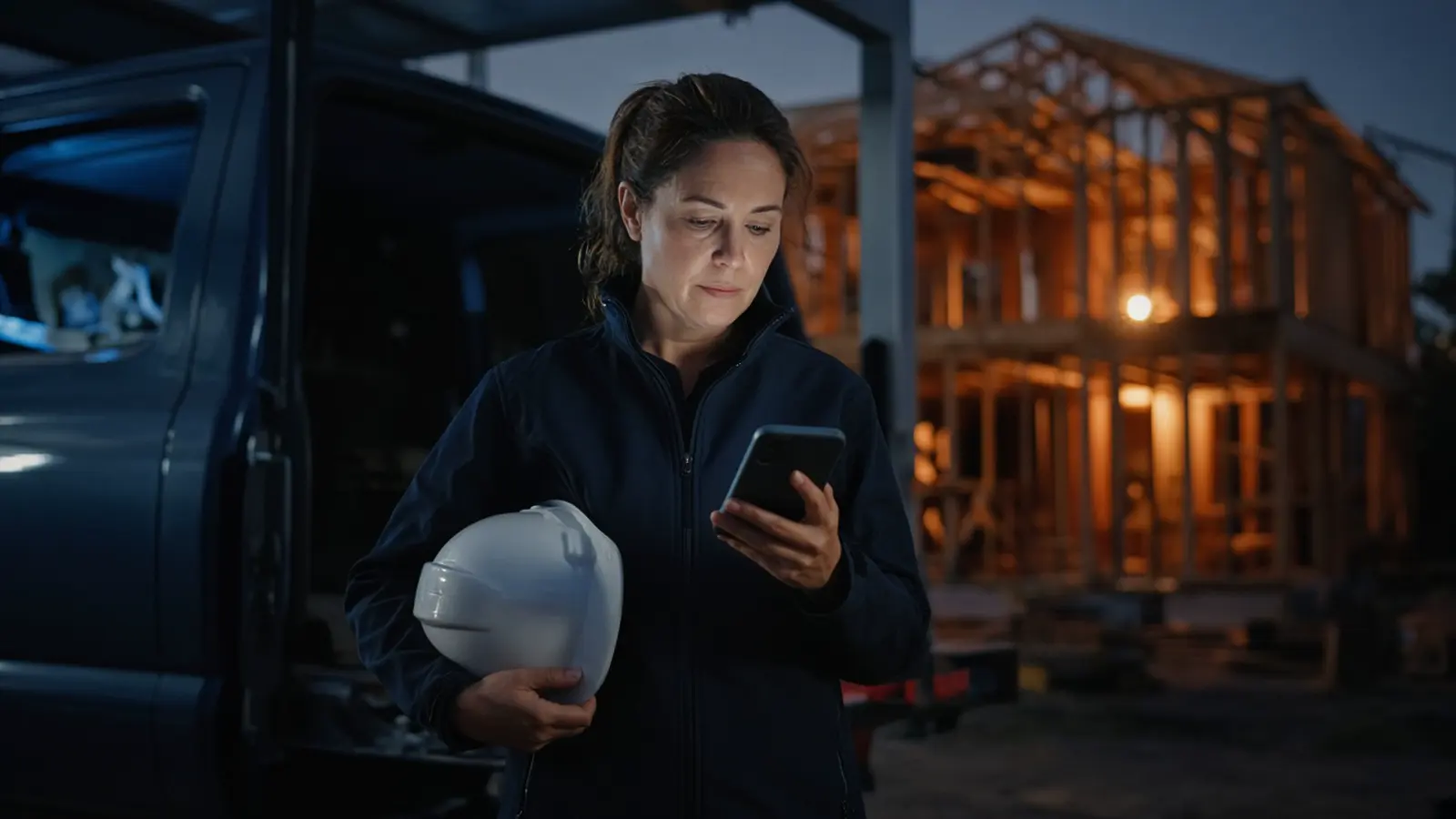 A contractor in a hard hat on a jobsite, looking at plans.