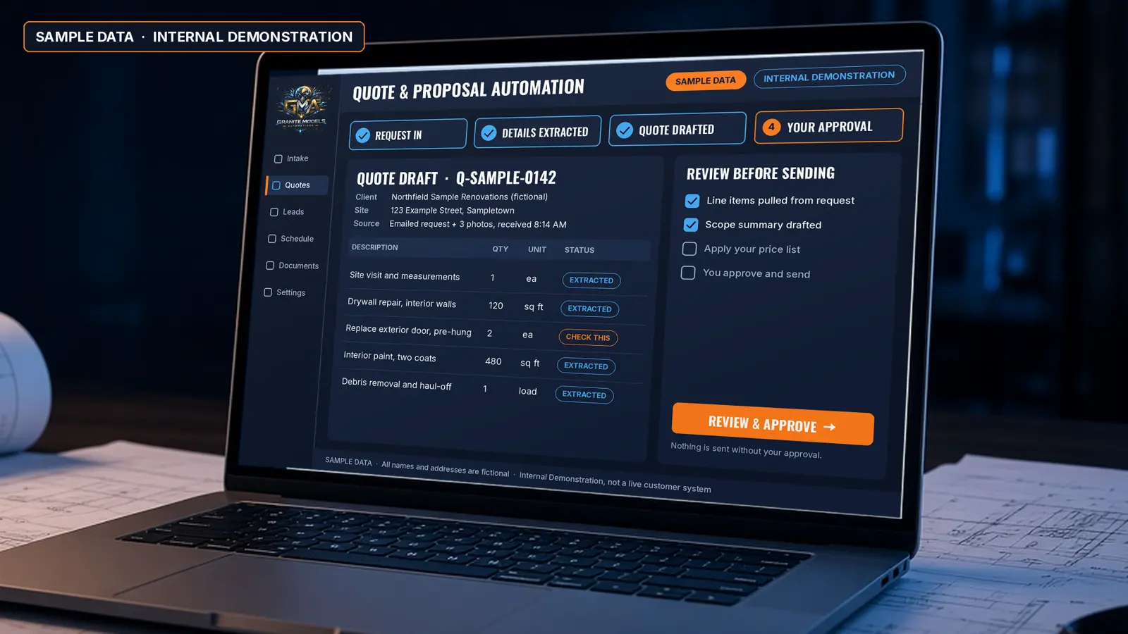 A laptop on a desk showing a sample quote and proposal screen. The screen is labeled SAMPLE DATA and INTERNAL DEMONSTRATION.