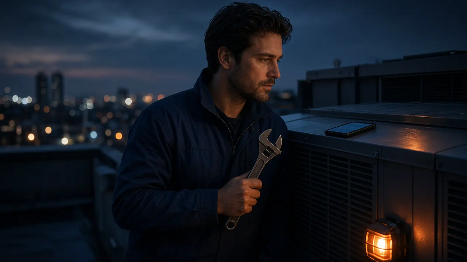 An HVAC technician on a commercial rooftop beside rooftop equipment.