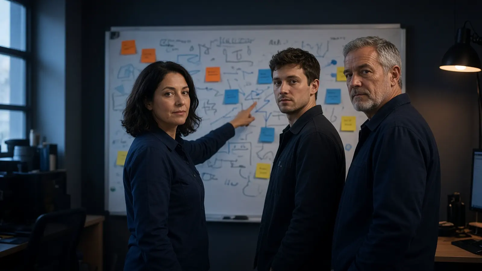 An owner at a whiteboard talking with two coworkers in an office.