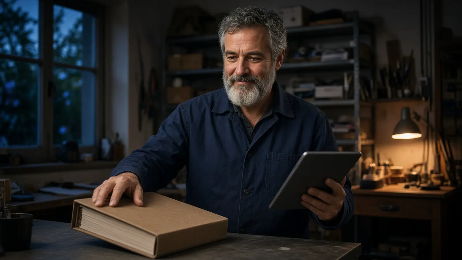 A shop owner on a shop floor, holding a binder and a tablet.
