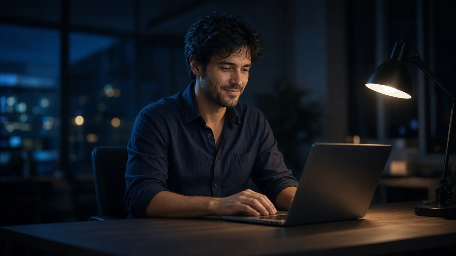 A small-business owner working calmly at a laptop in a bright office.
