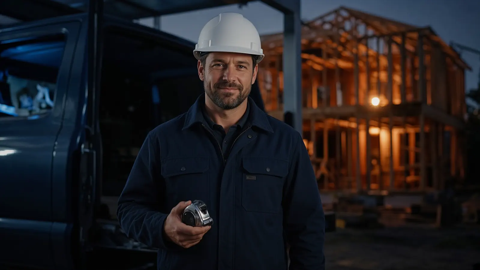 A tradesperson in a hard hat standing in a workshop.