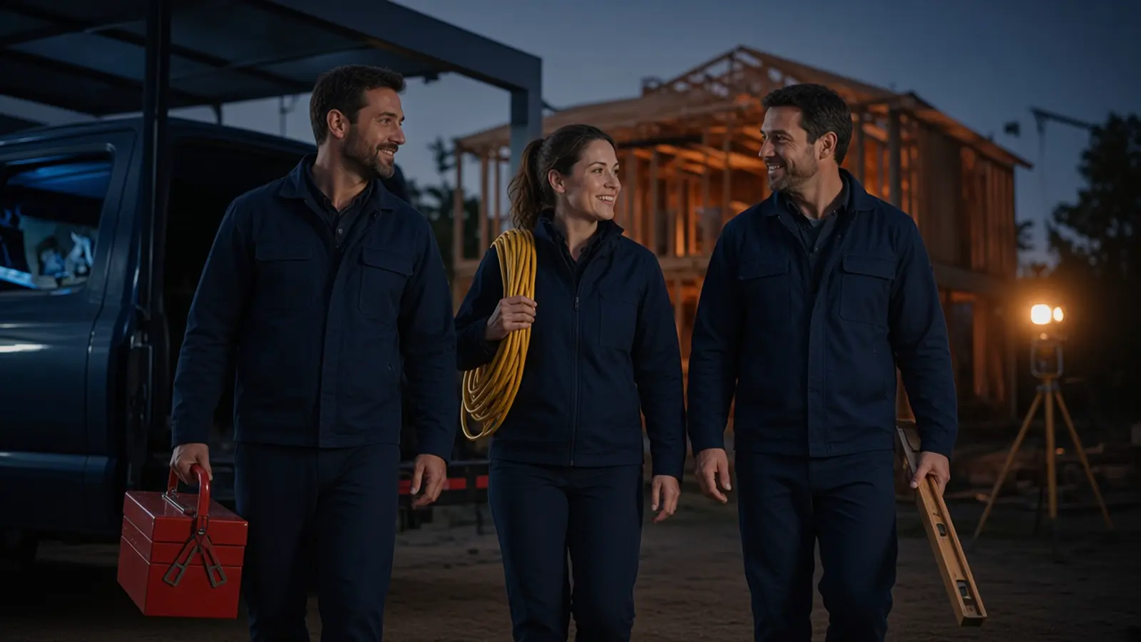A small crew walking together outside a jobsite.
