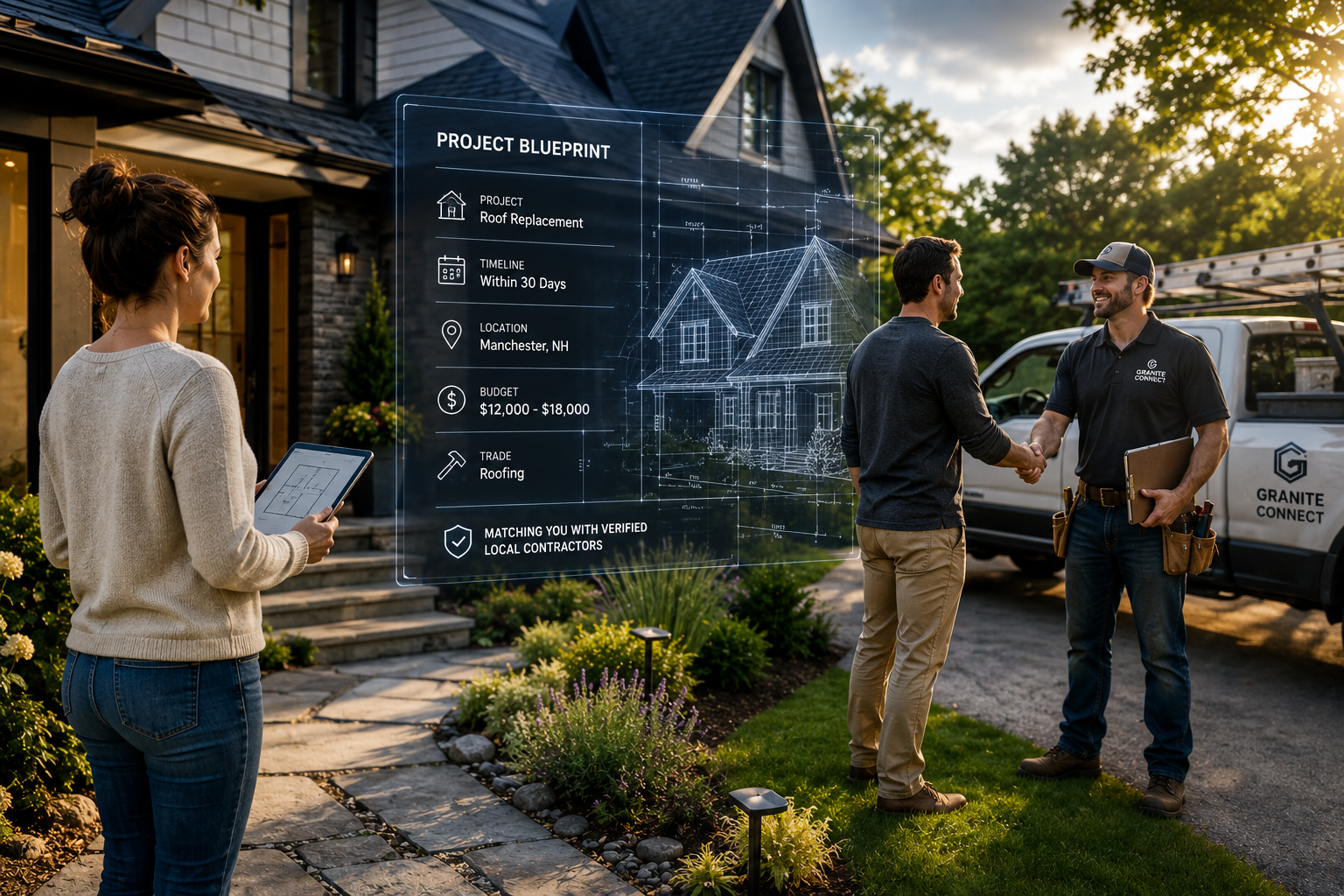 Granite Connect — a homeowner matched to a verified local contractor in New Hampshire