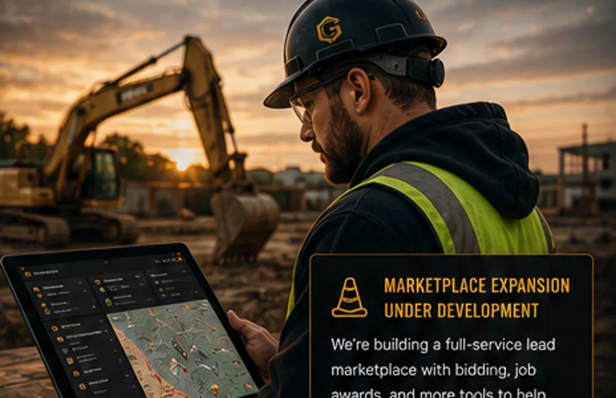 A contractor reviewing opportunities on a tablet at a jobsite at dusk.
