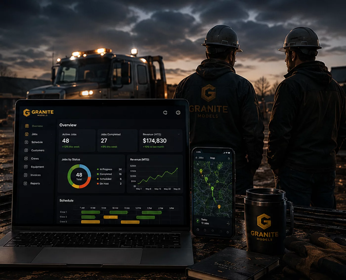 A laptop showing the Granite Models dashboard on a jobsite with contractors at dusk.