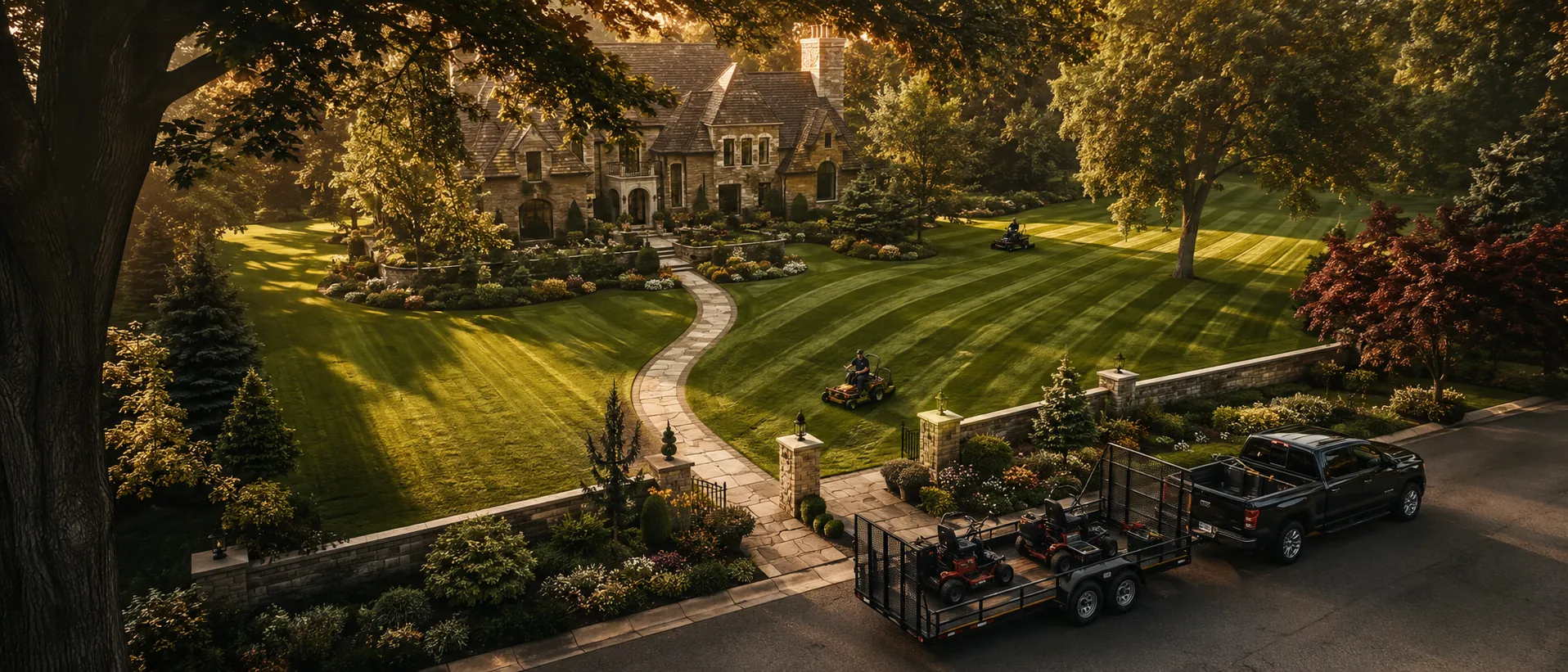 Landscaping crew truck and trailer with two zero-turn mowers at golden hour on a striped estate lawn