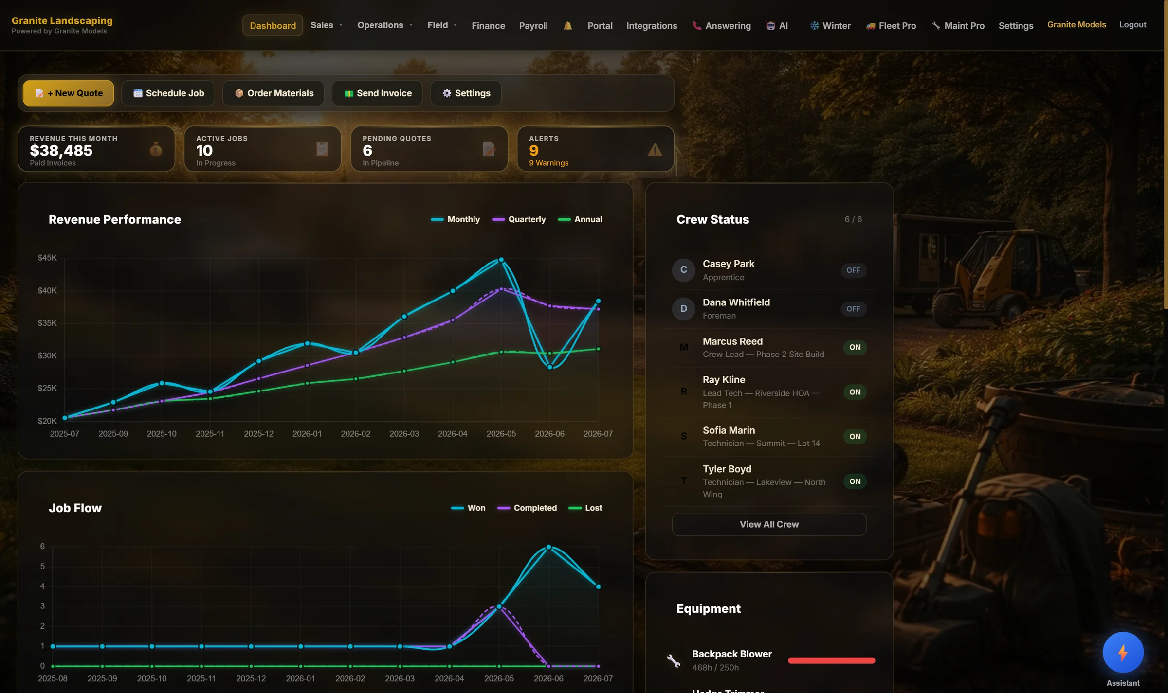 Owner dashboard: monthly revenue, active jobs, crew status, equipment alerts