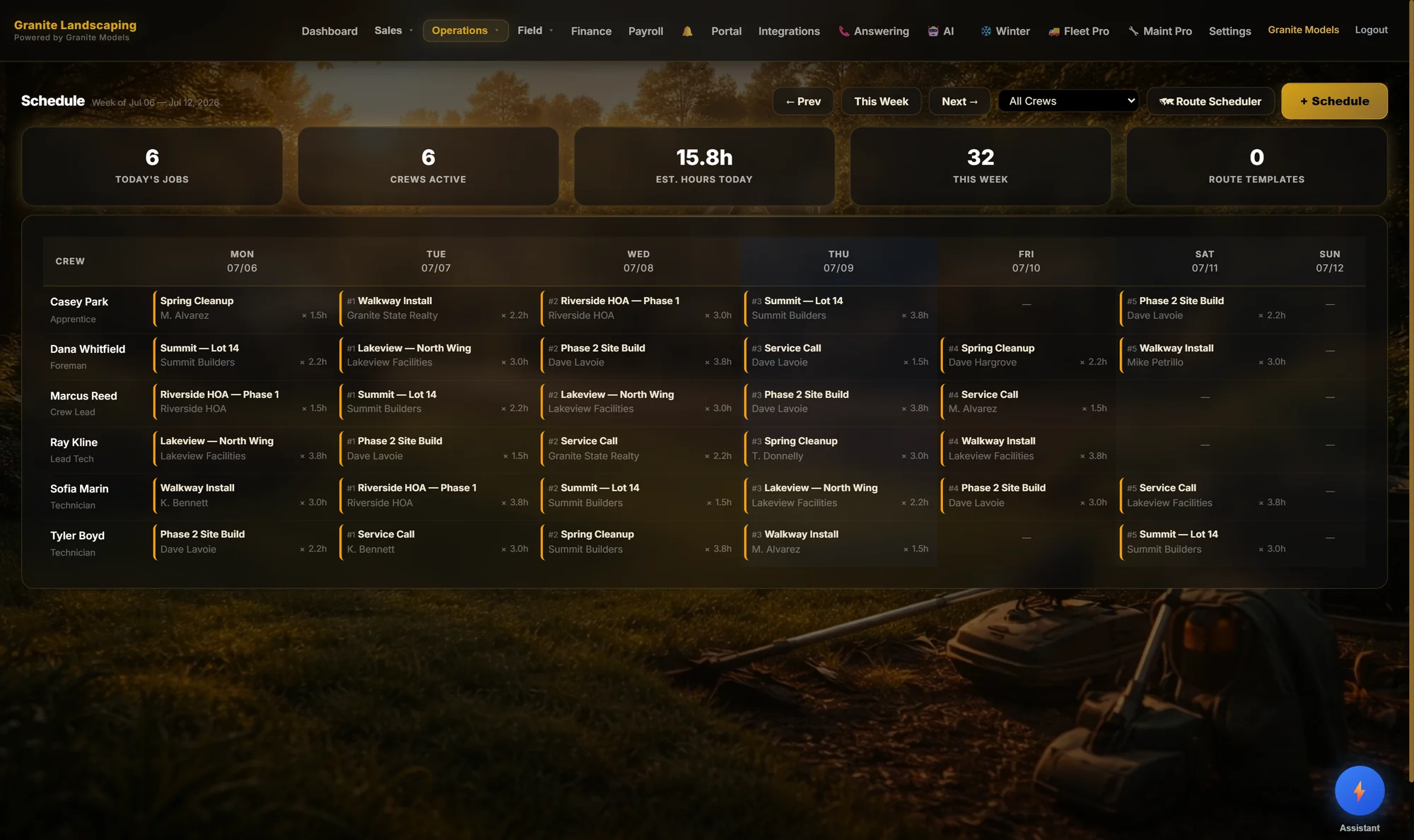 Weekly schedule grid across six crews