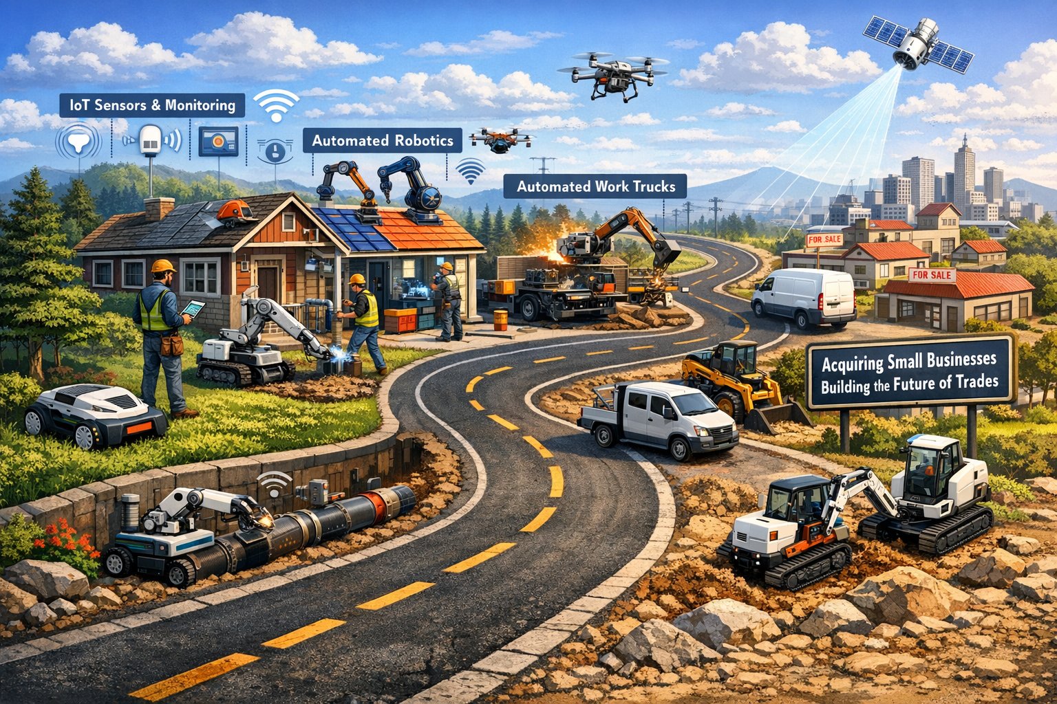 AI powered roadmap showing the evolution of the trades industry with robotics, IoT sensors, GPS equipment, autonomous work trucks and trade business acquisitions